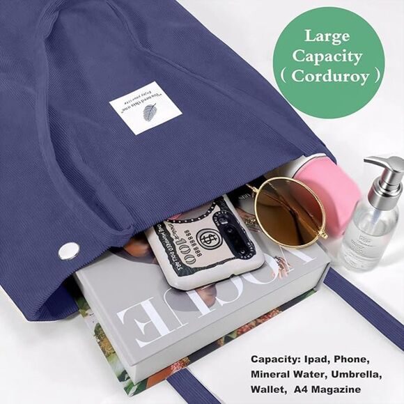 Women Dark Purple Imported Corduroy Small Canvas Shoulder Handy Tote Bag - Picture 2 of 4